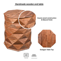 23 Inch Handcrafted Drum Side Accent Table with a Multifaceted Diamond Cut Design, Natural Brown Acacia Wood - UPT-274766