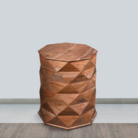 23 Inch Handcrafted Drum Side Accent Table with a Multifaceted Diamond Cut Design, Natural Brown Acacia Wood - UPT-274766