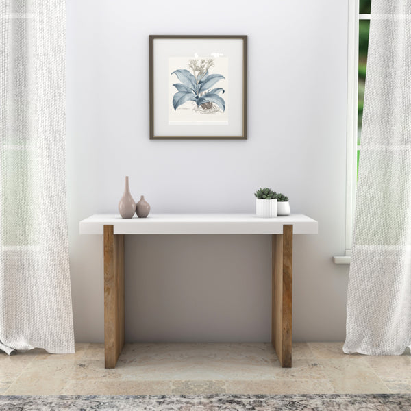 Kerry 48 Inch Rectangular Mango Wood Console Table, Sled Base, Glossy White, Natural Brown - UPT-276362