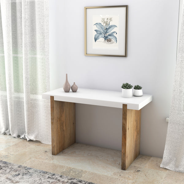 Kerry 48 Inch Rectangular Mango Wood Console Table, Sled Base, Glossy White, Natural Brown - UPT-276362