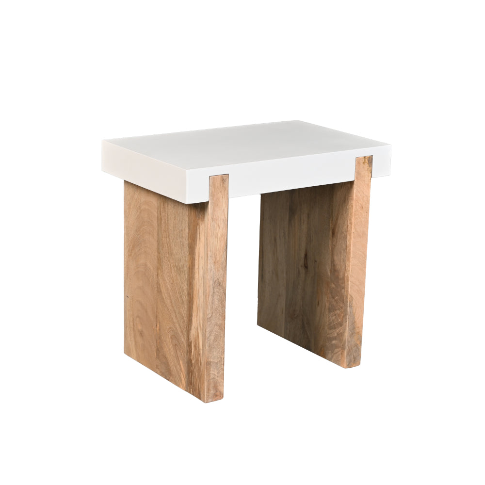 Kerry 20 Inch Rectangular End Side Table, Mango Wood, Sled Base, Glossy White, Natural Brown- UPT-276363