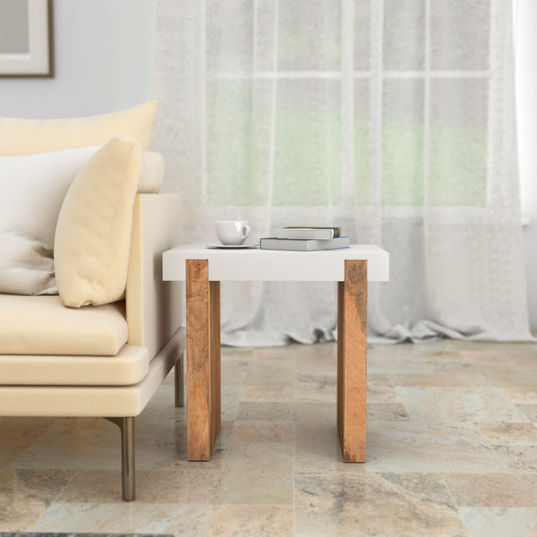 Kerry 20 Inch Rectangular End Side Table, Mango Wood, Sled Base, Glossy White, Natural Brown- UPT-276363