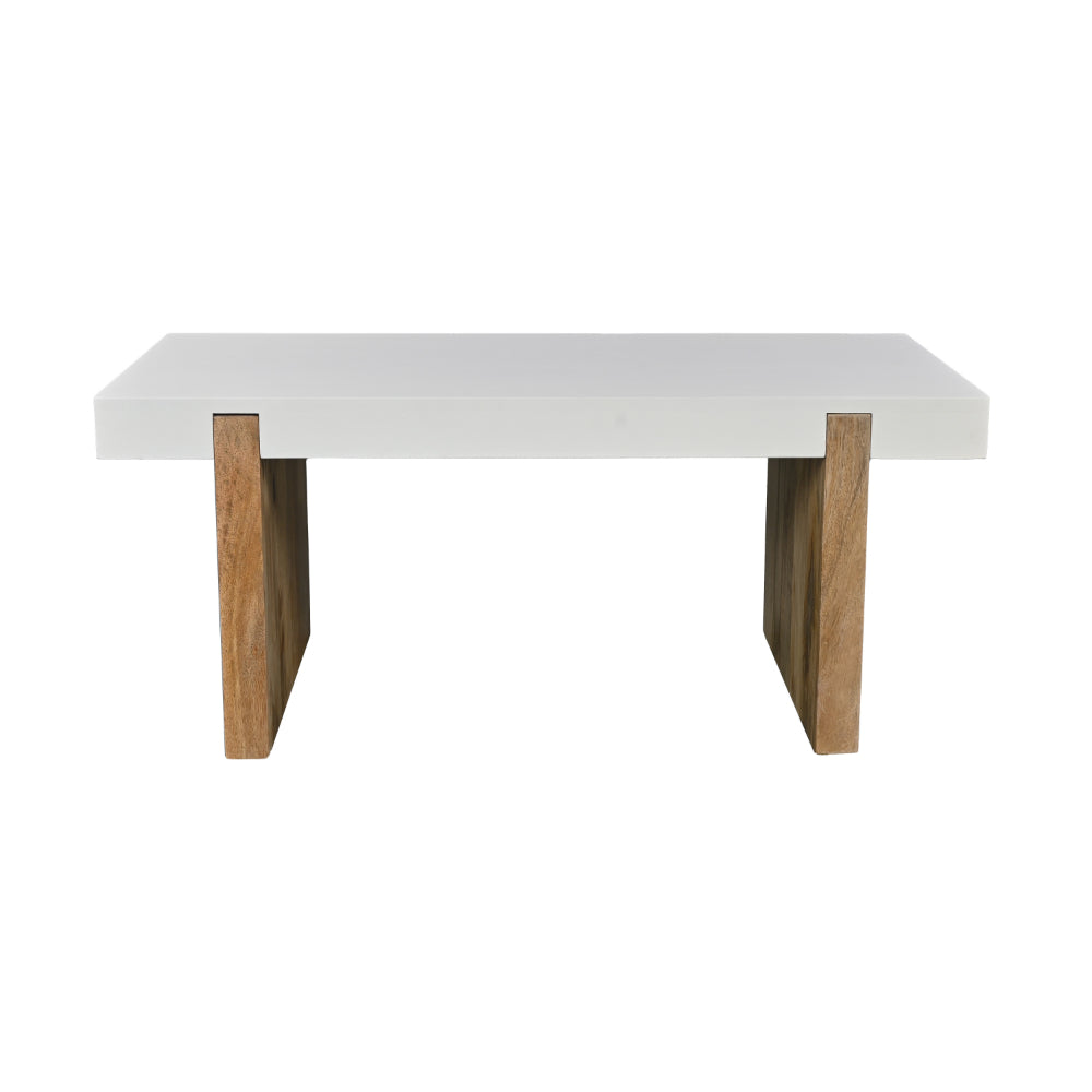 Kerry 38 Inch Mango Wood Coffee Table, Rectangular, Sled Base, Glossy White, Natural Brown - UPT-276364