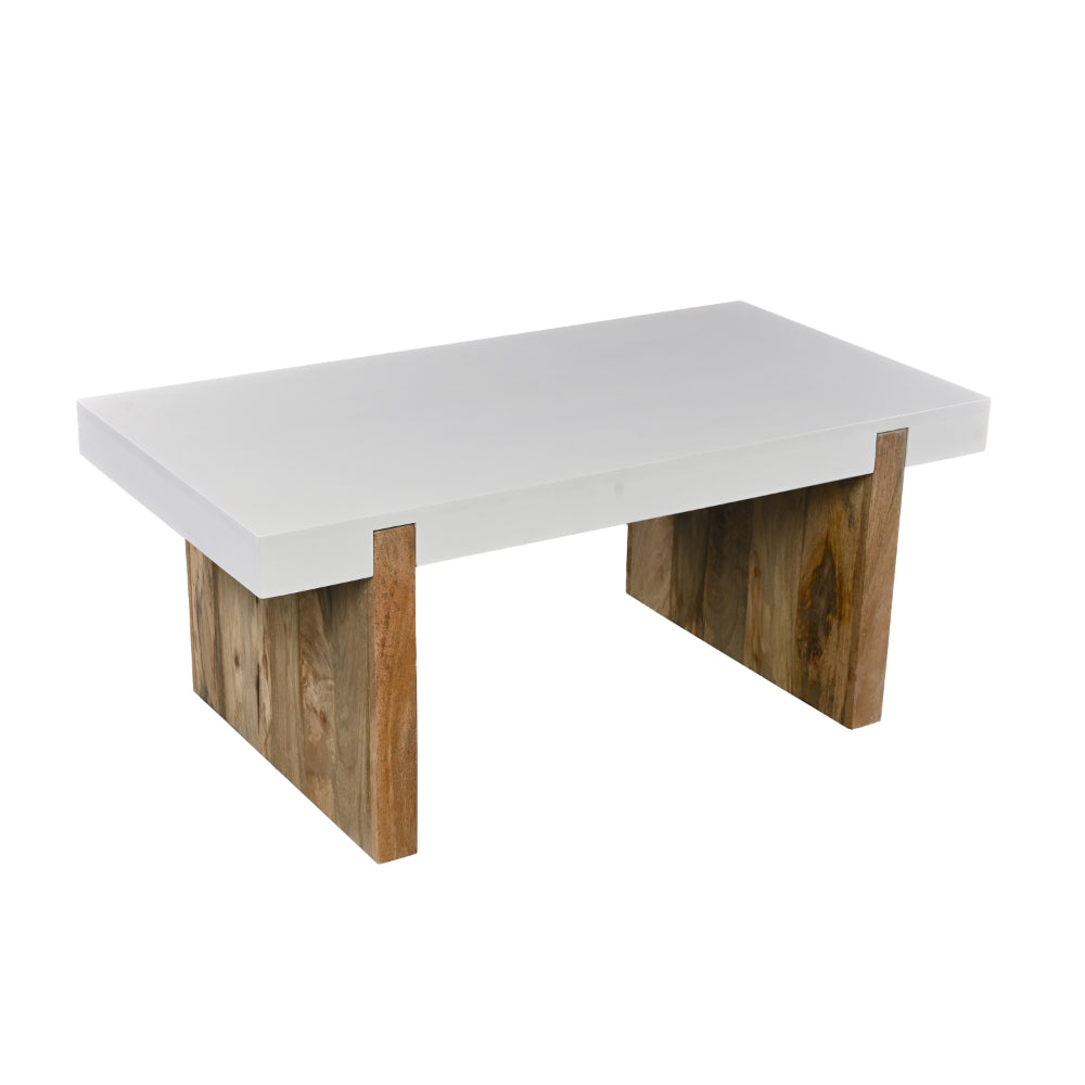 Kerry 38 Inch Mango Wood Coffee Table, Rectangular, Sled Base, Glossy White, Natural Brown - UPT-276364