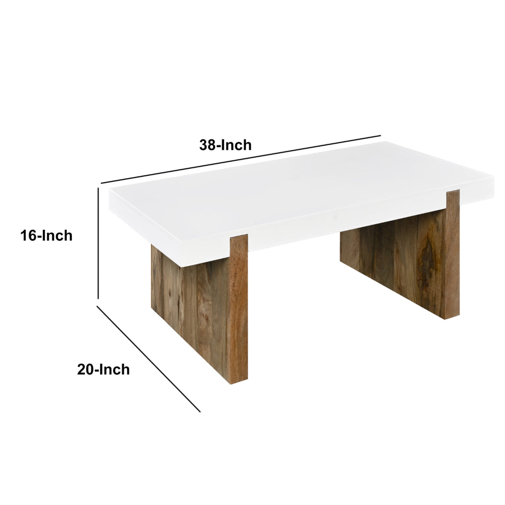 Kerry 38 Inch Mango Wood Coffee Table, Rectangular, Sled Base, Glossy White, Natural Brown - UPT-276364