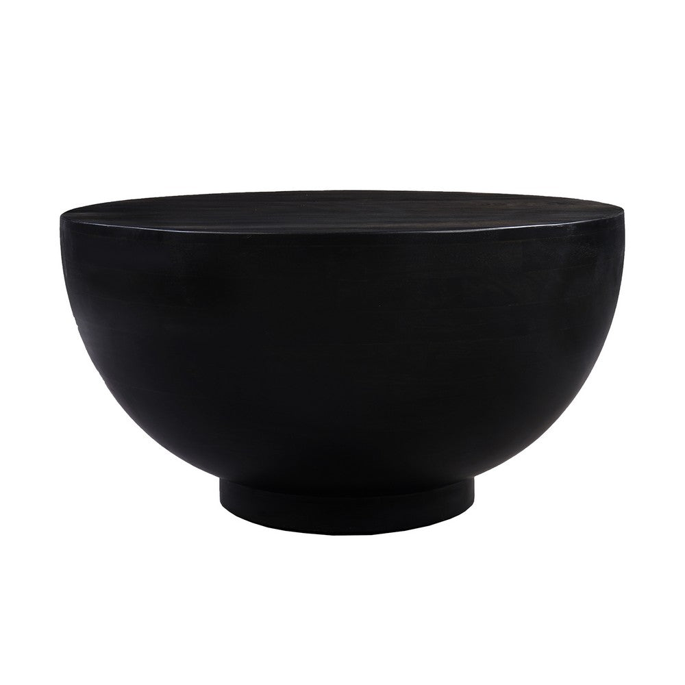 30 Inch Modern Art Coffee Table, Round Drum Shape, Solid Mango Wood, Matte Black - UPT-276366