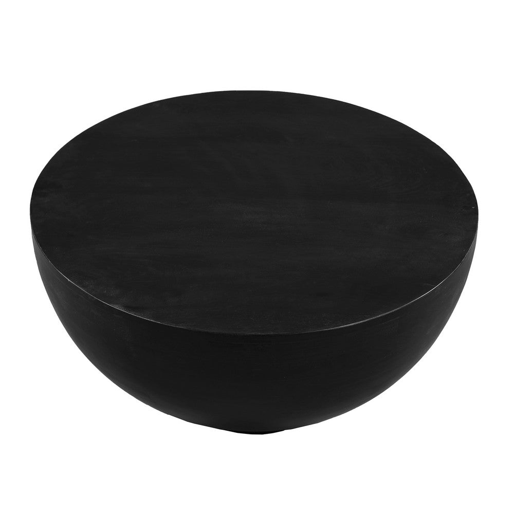 30 Inch Modern Art Coffee Table, Round Drum Shape, Solid Mango Wood, Matte Black - UPT-276366