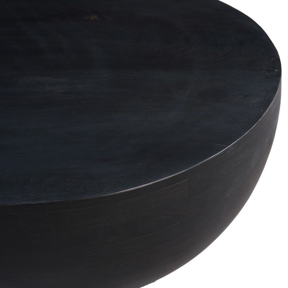 30 Inch Modern Art Coffee Table, Round Drum Shape, Solid Mango Wood, Matte Black - UPT-276366