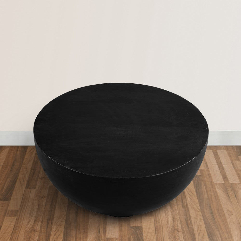 30 Inch Modern Art Coffee Table, Round Drum Shape, Solid Mango Wood, Matte Black - UPT-276366