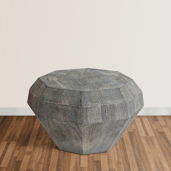 30 Inch Modern Art Coffee Table, 3D Diamond Shape, Solid Mango Wood, Weathered Gray - UPT-276367