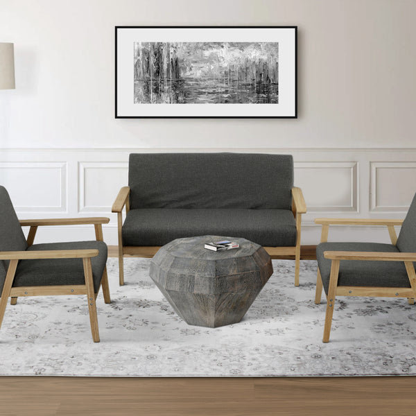 30 Inch Modern Art Coffee Table, 3D Diamond Shape, Solid Mango Wood, Weathered Gray - UPT-276367