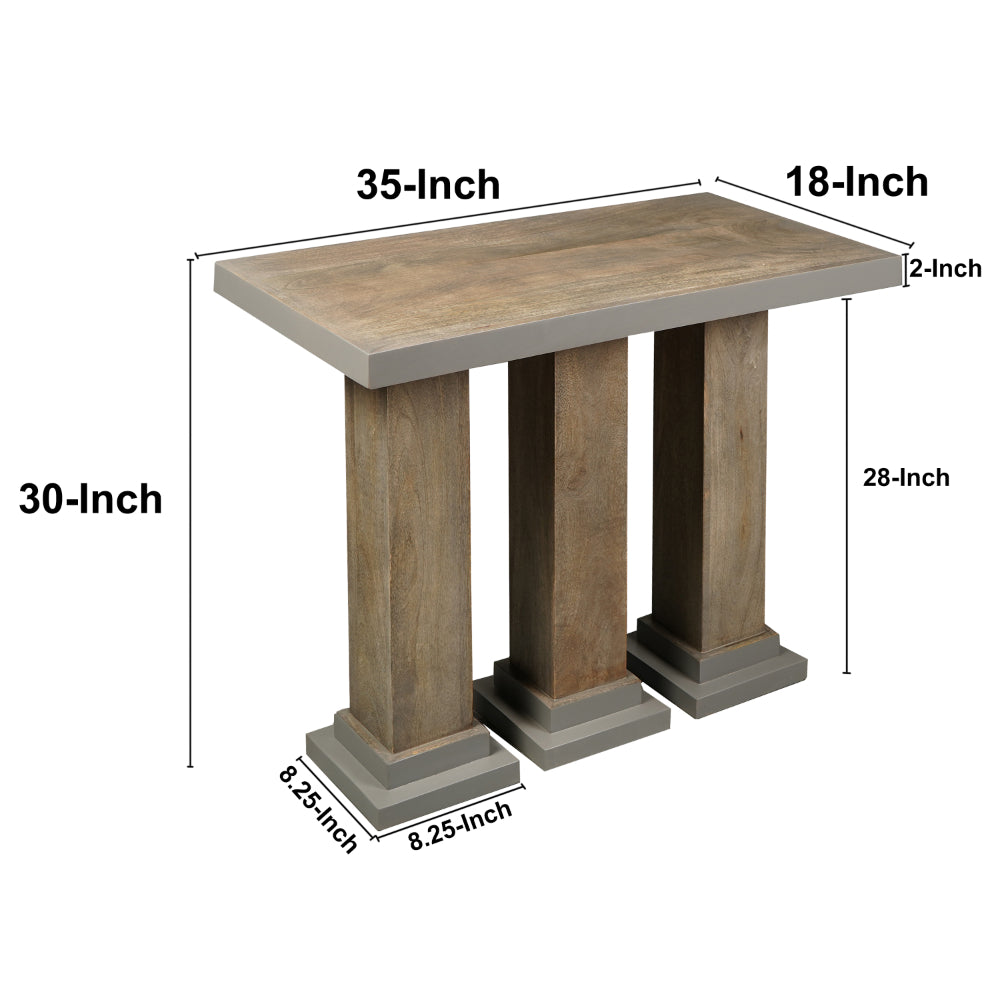 35 Inch Handcrafted Console Table, Solid Mango Wood with Pillar Style Legs in Rustic Brown Finish - UPT-276368