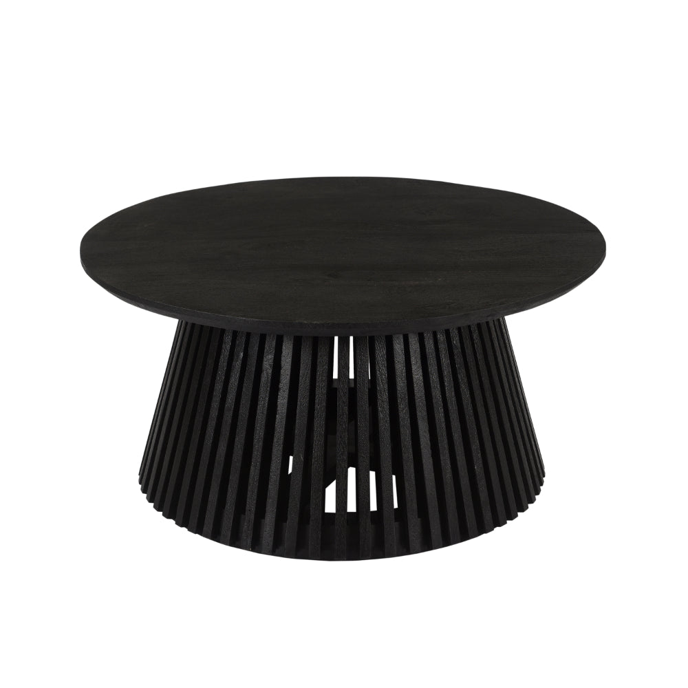 Ridge 32 Inch Handcrafted Round Coffee Table, Mango Wood, Slatted Flared Base, Black - UPT-276558