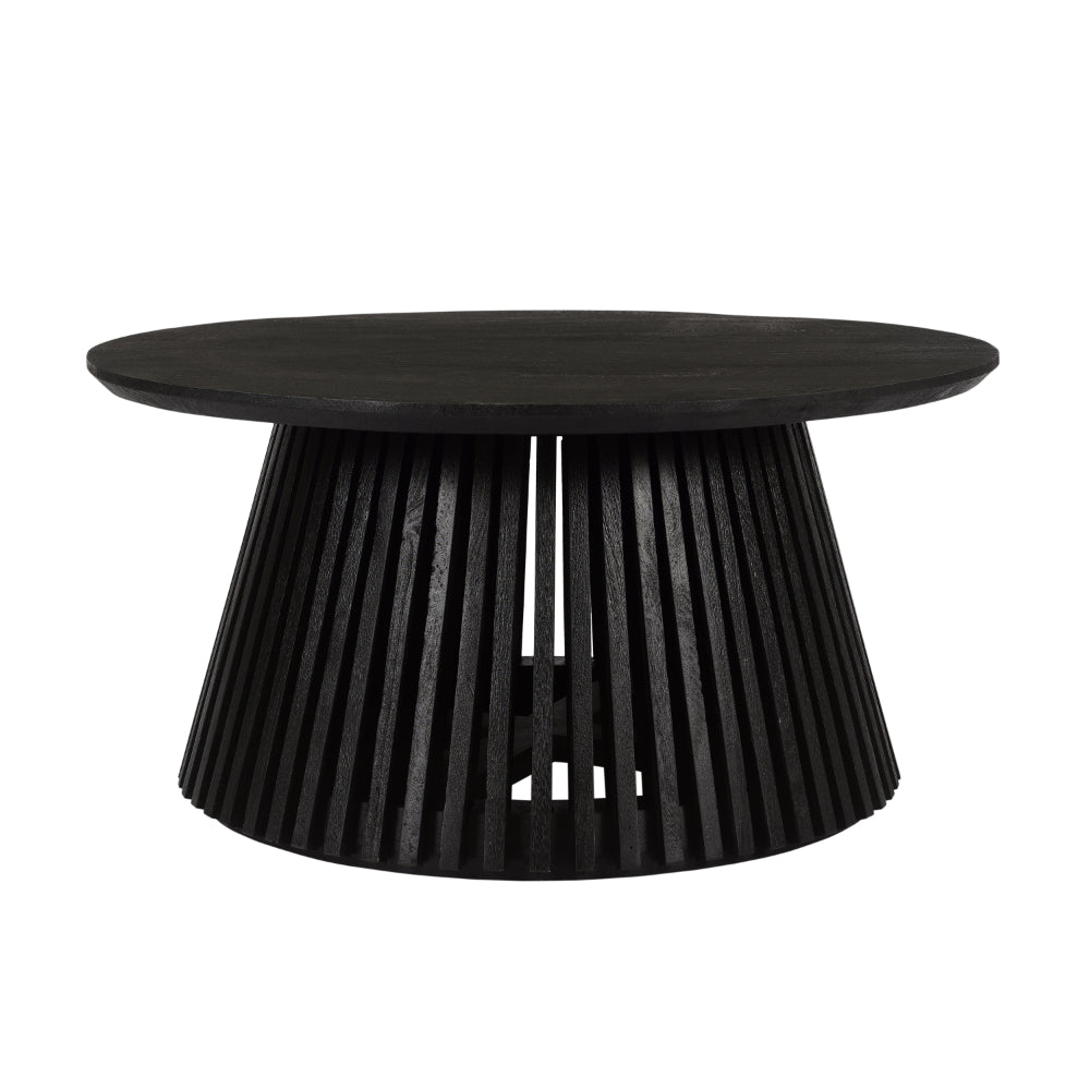 Ridge 32 Inch Handcrafted Round Coffee Table, Mango Wood, Slatted Flared Base, Black - UPT-276558