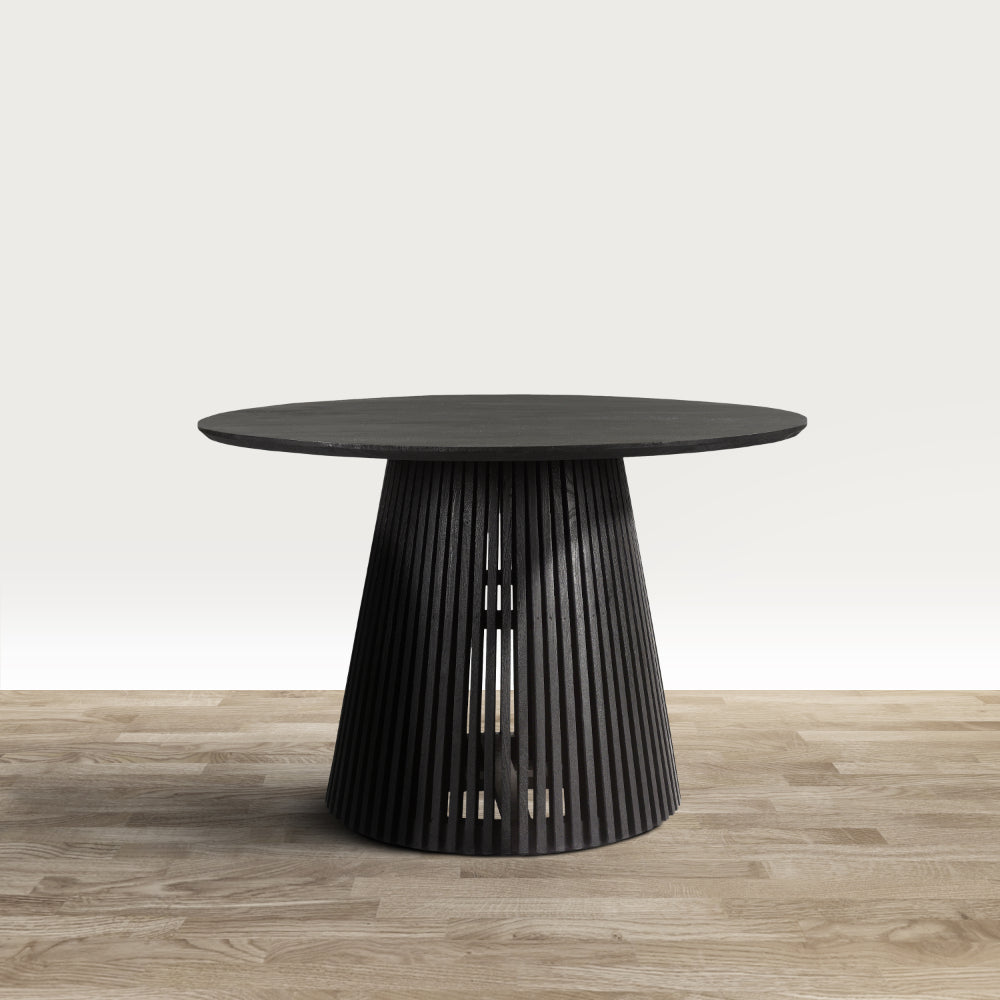 Ridge 47 Inch Handcrafted Mango Wood Round Dining Table, Slatted Flared Base, Black - UPT-276560