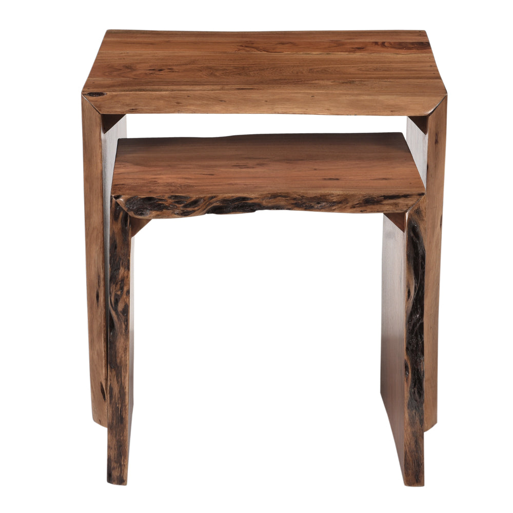 20, 17 Inch Handcrafted Acacia Wood Nesting End Tables, Live Edge Wood in Natural Brown Finish - UPT-276561