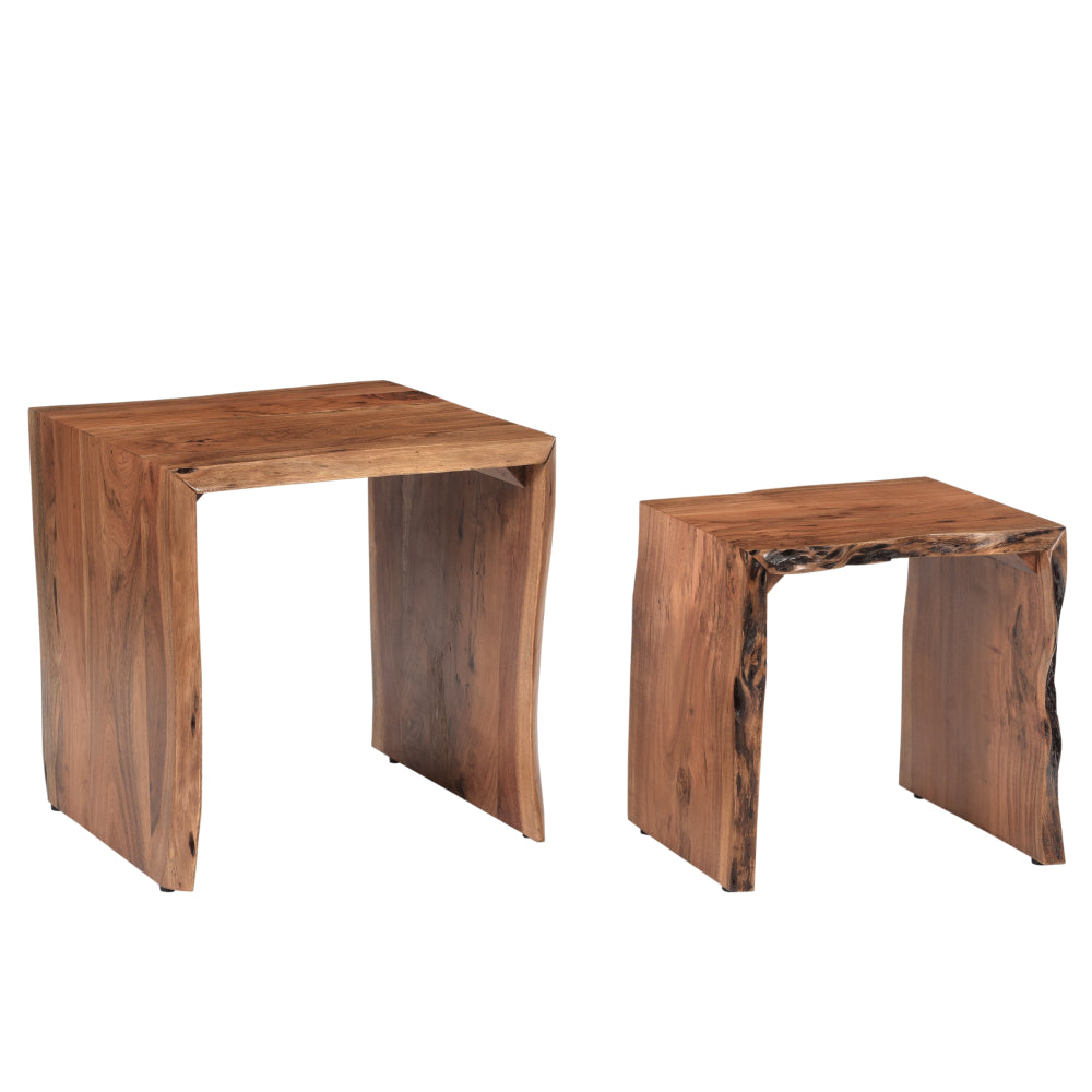 20, 17 Inch Handcrafted Acacia Wood Nesting End Tables, Live Edge Wood in Natural Brown Finish - UPT-276561
