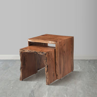 20, 17 Inch Handcrafted Acacia Wood Nesting End Tables, Live Edge Wood in Natural Brown Finish - UPT-276561