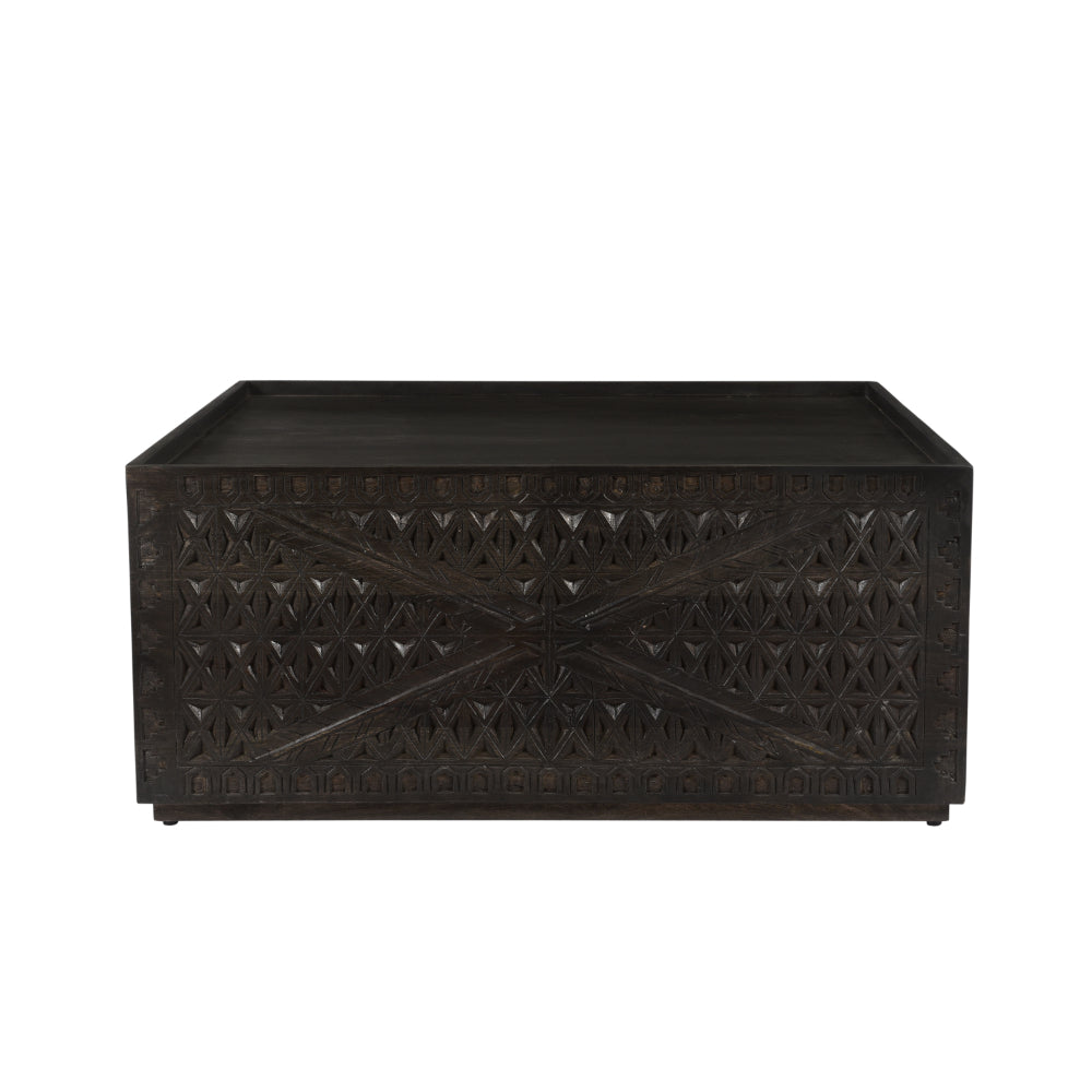 38 Inch Handcrafted Mango Wood Square Coffee Table, Artisanal Carved Mesh Base, Black - UPT-276562