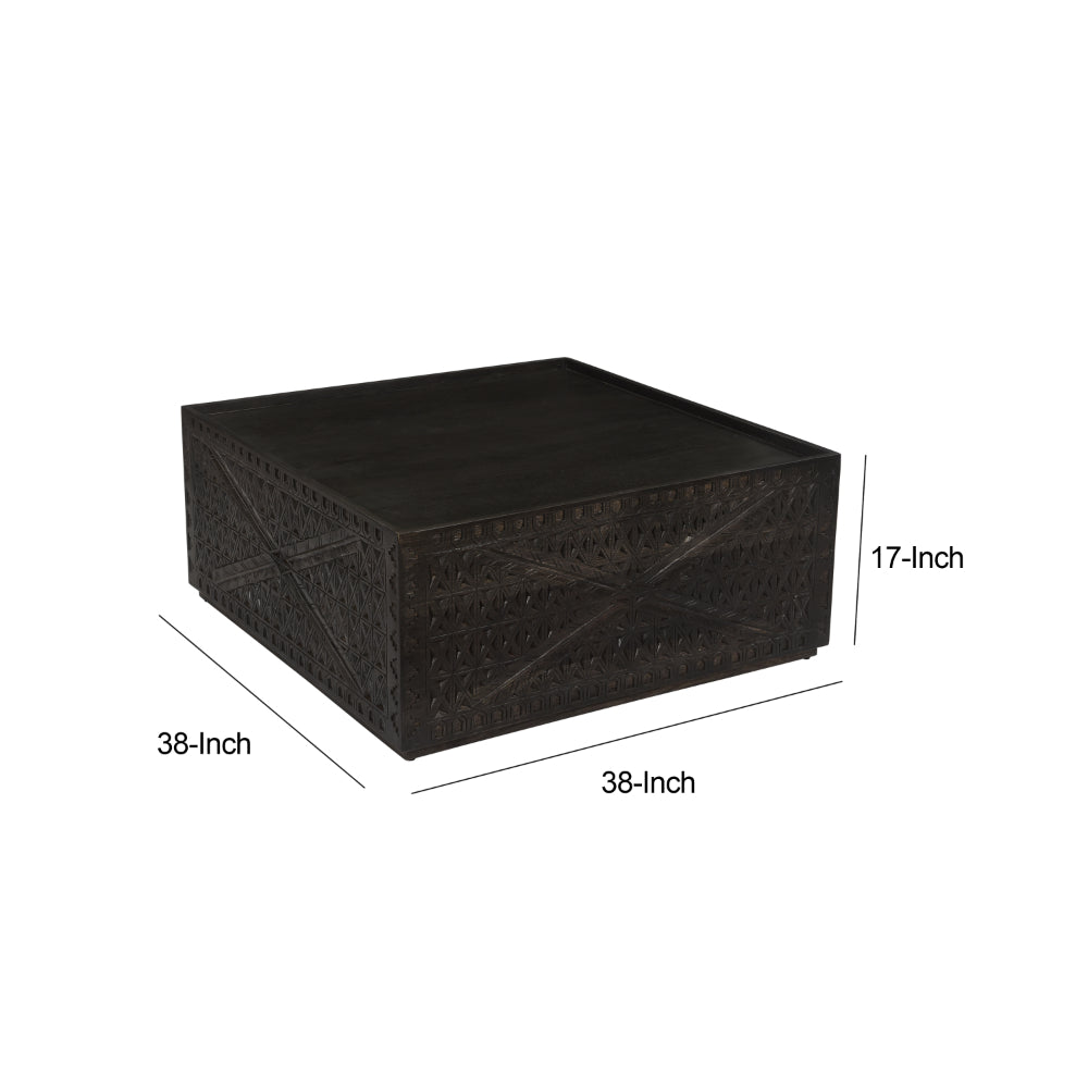 38 Inch Handcrafted Mango Wood Square Coffee Table, Artisanal Carved Mesh Base, Black - UPT-276562