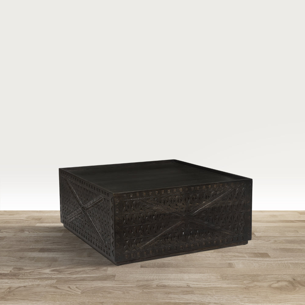 38 Inch Handcrafted Mango Wood Square Coffee Table, Artisanal Carved Mesh Base, Black - UPT-276562