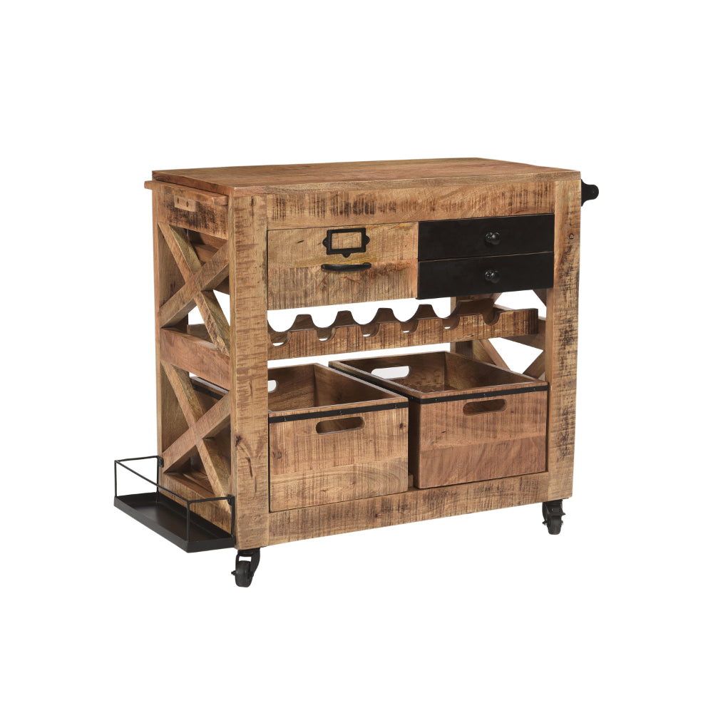 31 Inch Handcrafted Rustic Mango Wood Bar Cart Trolly with 3 Drawers and 6 Wine Bottle Holders - UPT-276564