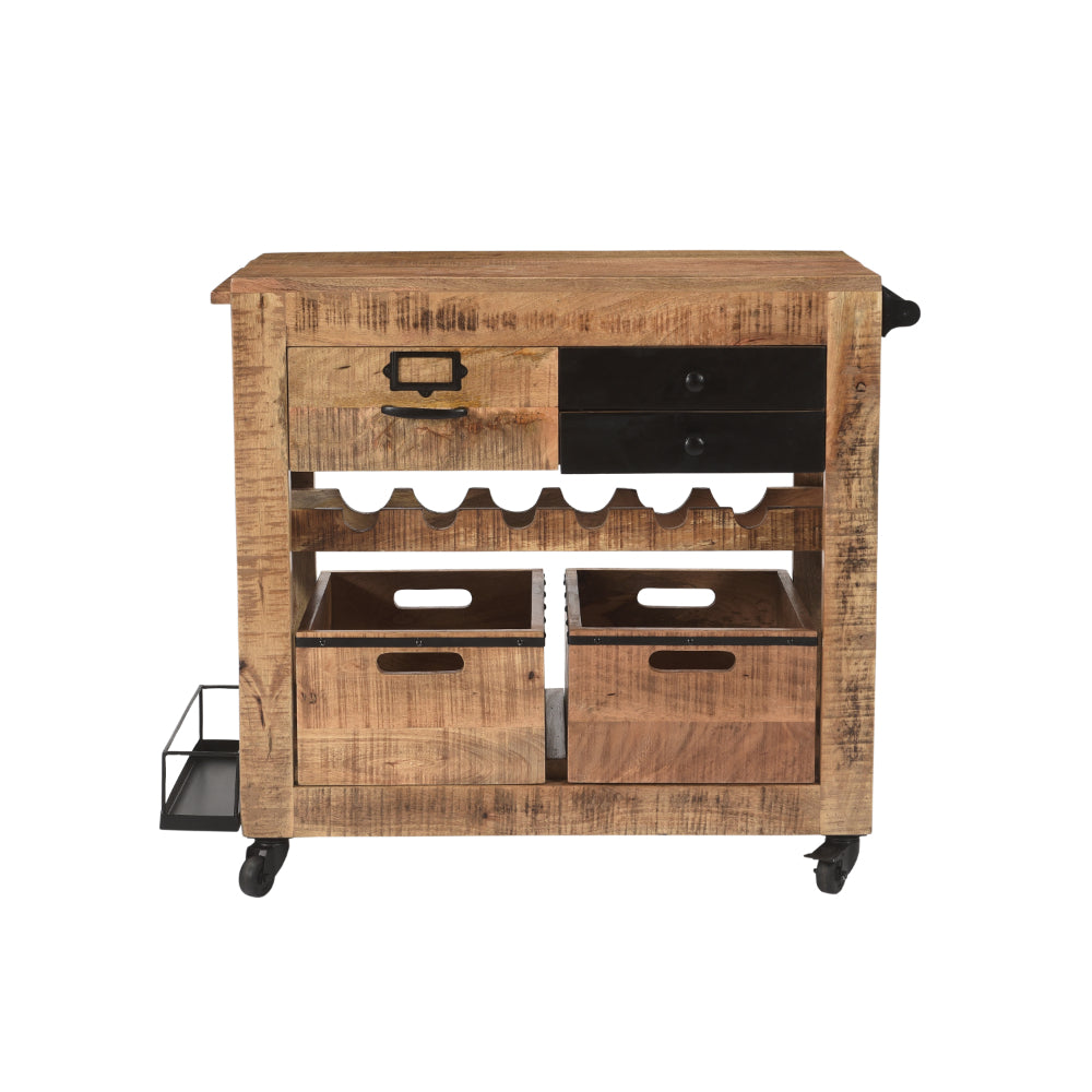 31 Inch Handcrafted Rustic Mango Wood Bar Cart Trolly with 3 Drawers and 6 Wine Bottle Holders - UPT-276564