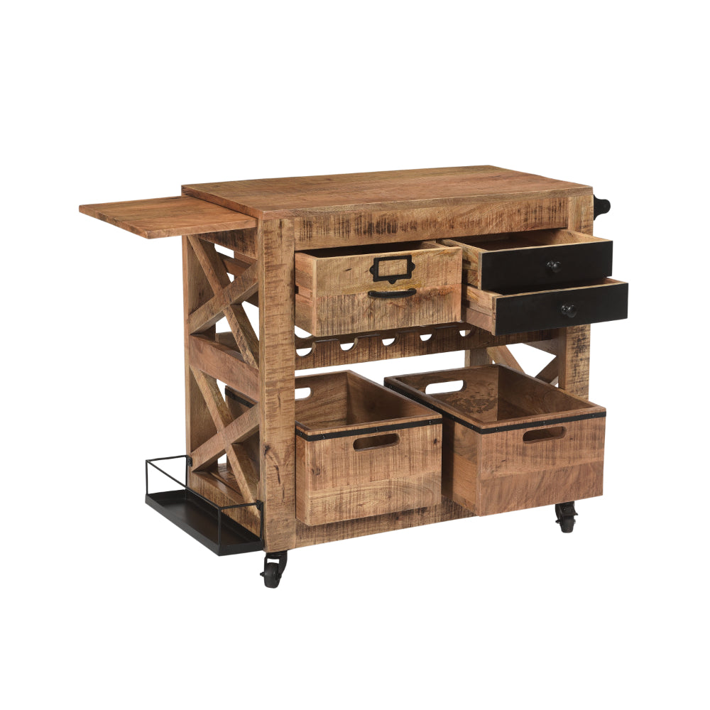 31 Inch Handcrafted Rustic Mango Wood Bar Cart Trolly with 3 Drawers and 6 Wine Bottle Holders - UPT-276564