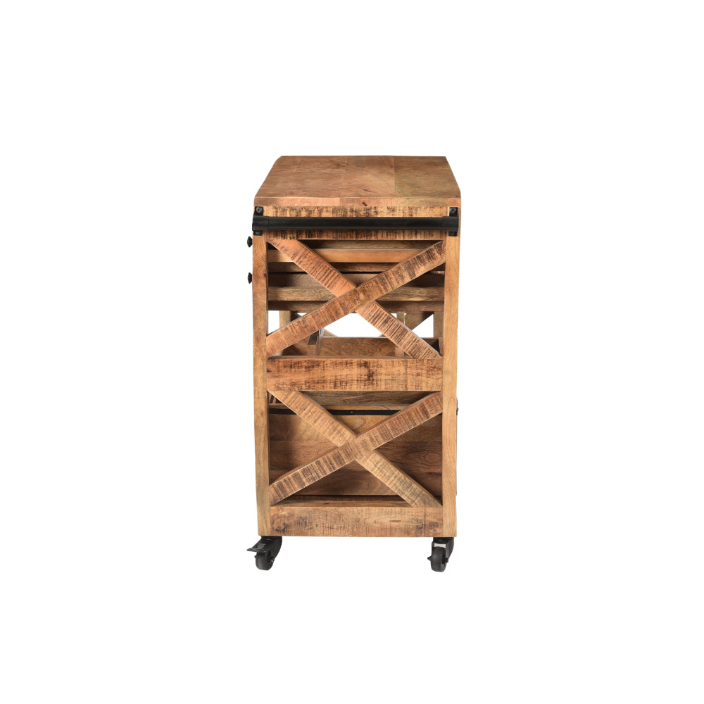 31 Inch Handcrafted Rustic Mango Wood Bar Cart Trolly with 3 Drawers and 6 Wine Bottle Holders - UPT-276564