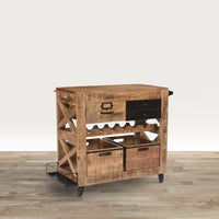 31 Inch Handcrafted Rustic Mango Wood Bar Cart Trolly with 3 Drawers and 6 Wine Bottle Holders - UPT-276564