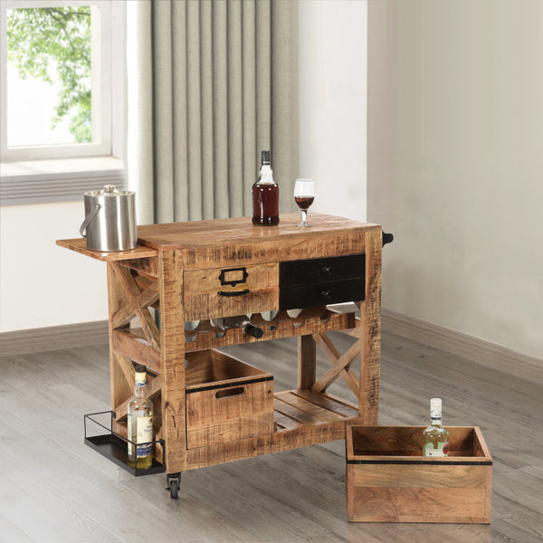 31 Inch Handcrafted Rustic Mango Wood Bar Cart Trolly with 3 Drawers and 6 Wine Bottle Holders - UPT-276564