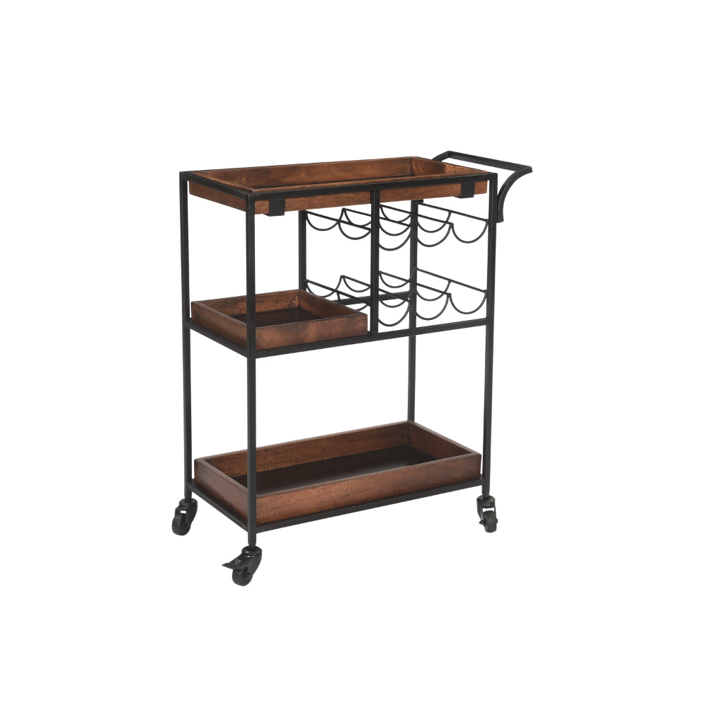 30 Inch Handcrafted Mango Wood Bar Serving Cart with Caster Wheels, 6 Bottle Holders, Tray Shelves, Brown and Black - UPT-276565