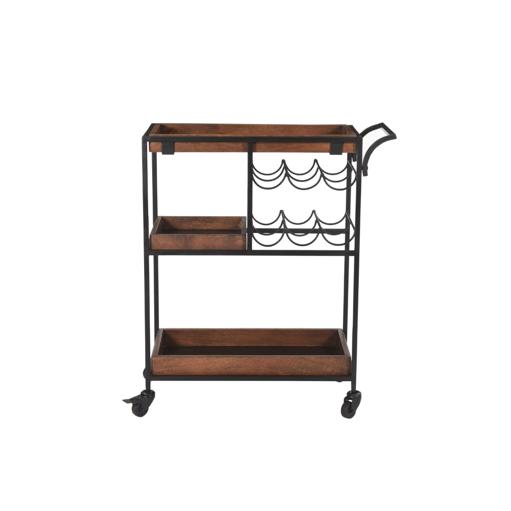30 Inch Handcrafted Mango Wood Bar Serving Cart with Caster Wheels, 6 Bottle Holders, Tray Shelves, Brown and Black - UPT-276565