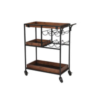 30 Inch Handcrafted Mango Wood Bar Serving Cart with Caster Wheels, 6 Bottle Holders, Tray Shelves, Brown and Black - UPT-276565