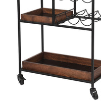 30 Inch Handcrafted Mango Wood Bar Serving Cart with Caster Wheels, 6 Bottle Holders, Tray Shelves, Brown and Black - UPT-276565