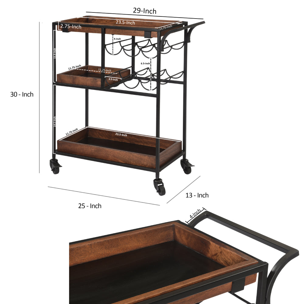 30 Inch Handcrafted Mango Wood Bar Serving Cart with Caster Wheels, 6 Bottle Holders, Tray Shelves, Brown and Black - UPT-276565