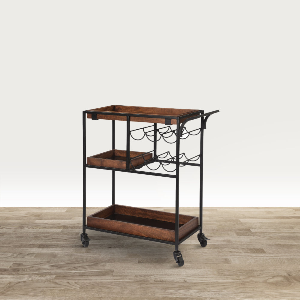 30 Inch Handcrafted Mango Wood Bar Serving Cart with Caster Wheels, 6 Bottle Holders, Tray Shelves, Brown and Black - UPT-276565