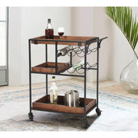 30 Inch Handcrafted Mango Wood Bar Serving Cart with Caster Wheels, 6 Bottle Holders, Tray Shelves, Brown and Black - UPT-276565