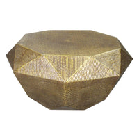 36 Inch Diamond Shape Drum Coffee Table, Octagon Top, Faceted Textured Sides, Aluminum, Antique Brass - UPT-276797