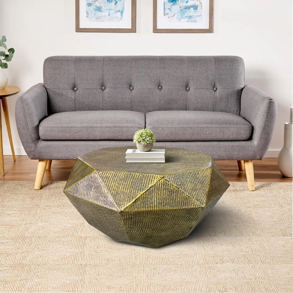 36 Inch Diamond Shape Drum Coffee Table, Octagon Top, Faceted Textured Sides, Aluminum, Antique Brass - UPT-276797