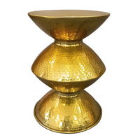 21 Inch Round Aluminum Side End Table, Hammered Embossed Metal Surface, Turned Pedestal Base, Gold Brass Finish - UPT-276800