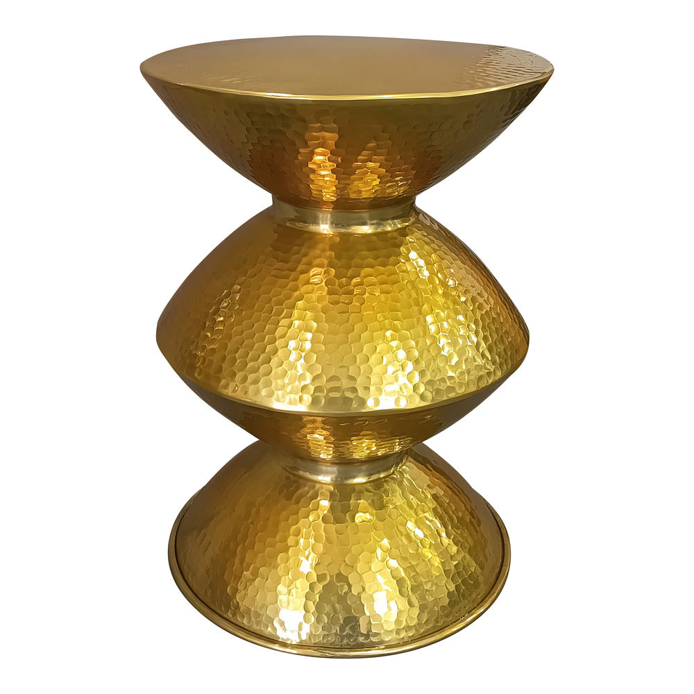 21 Inch Round Aluminum Side End Table, Hammered Embossed Metal Surface, Turned Pedestal Base, Gold Brass Finish - UPT-276800