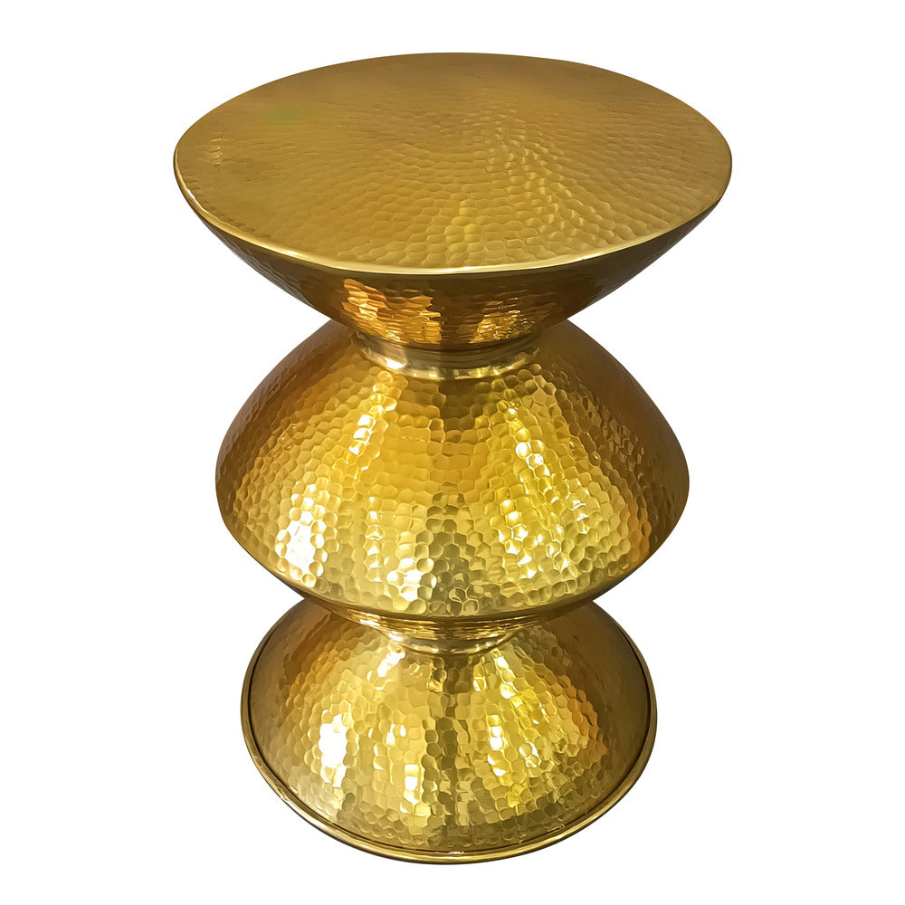 21 Inch Round Aluminum Side End Table, Hammered Embossed Metal Surface, Turned Pedestal Base, Gold Brass Finish - UPT-276800