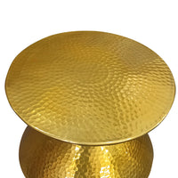 21 Inch Round Aluminum Side End Table, Hammered Embossed Metal Surface, Turned Pedestal Base, Gold Brass Finish - UPT-276800