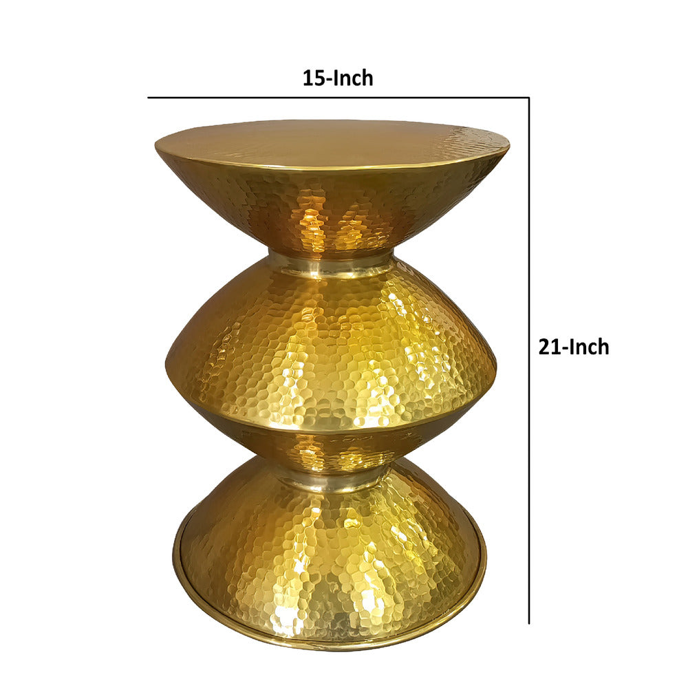 21 Inch Round Aluminum Side End Table, Hammered Embossed Metal Surface, Turned Pedestal Base, Gold Brass Finish - UPT-276800