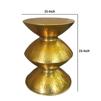 21 Inch Round Aluminum Side End Table, Hammered Embossed Metal Surface, Turned Pedestal Base, Gold Brass Finish - UPT-276800