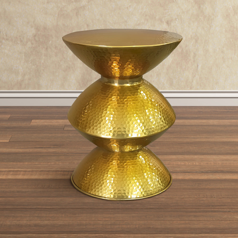 21 Inch Round Aluminum Side End Table, Hammered Embossed Metal Surface, Turned Pedestal Base, Gold Brass Finish - UPT-276800