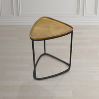 19 Inch Aluminum Side End Table, Iron Frame, Guitar Pick Shaped Top, Antique Brass, Black - UPT-276801