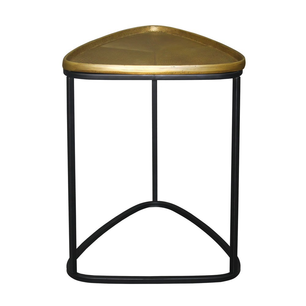 19 Inch Aluminum Side End Table, Iron Frame, Guitar Pick Shaped Top, Antique Brass, Black - UPT-276801