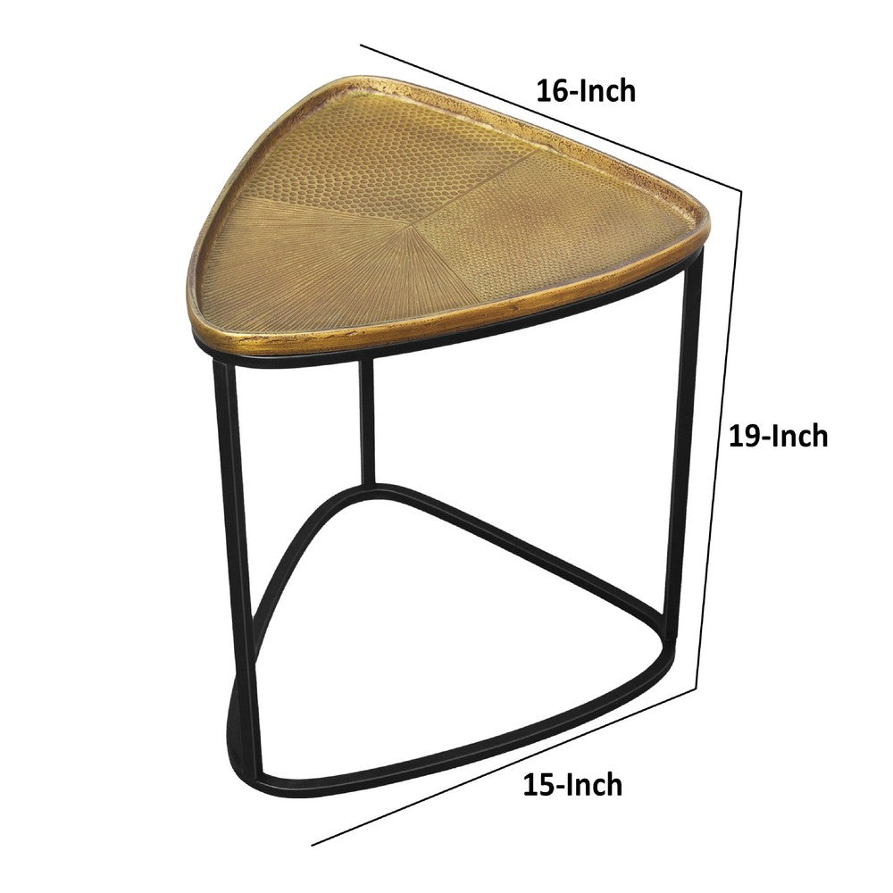 19 Inch Aluminum Side End Table, Iron Frame, Guitar Pick Shaped Top, Antique Brass, Black - UPT-276801